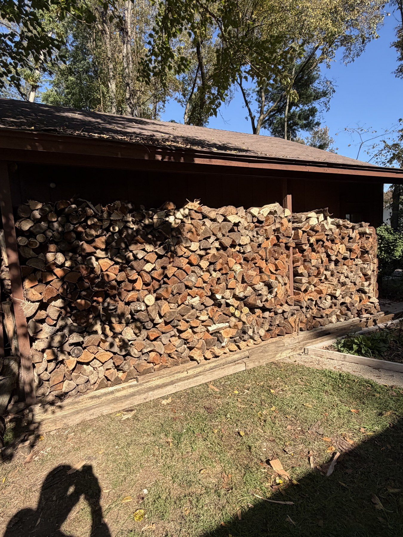 Split firewood stacked under the roof of a woodshed